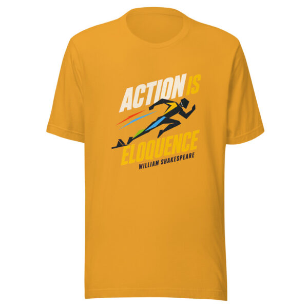 Action Is Eloquence - William Shakespeare Historic-kinetic-quote Graphic Tee mockup 3 Action Is Eloquence - William Shakespeare Historic-kinetic-quote Graphic Tee mockup 3
