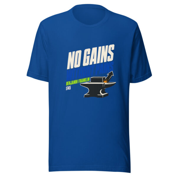No Gains Without Pains — Benjamin Franklin, 1745 Franklin-no-gains-without-pains Graphic Tee mockup 1 No Gains Without Pains — Benjamin Franklin, 1745 Franklin-no-gains-without-pains Graphic Tee front view