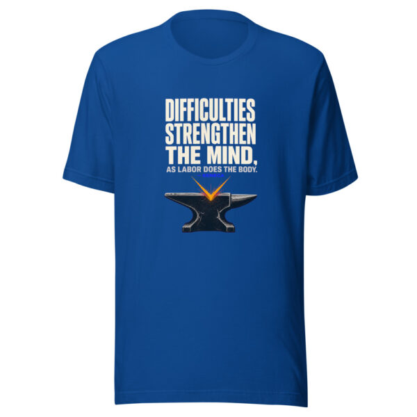Difficulties Strengthen The Mind, As Labor Does The Body. — Seneca Forged-strength-stoic Graphic Tee mockup 1 Difficulties Strengthen The Mind, As Labor Does The Body. — Seneca Forged-strength-stoic Graphic Tee front view
